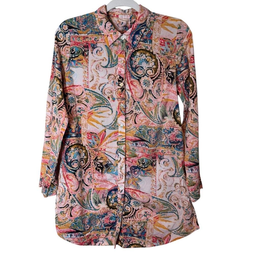Soft Surroundings Paisley Print Button Down Top‎ Longer Length Cotton Medium